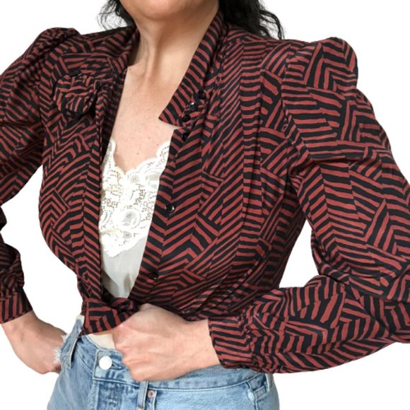 Vtg Geometric Puff Sleeve Ruffle Tab Patterned Top - Picture 7 of 15